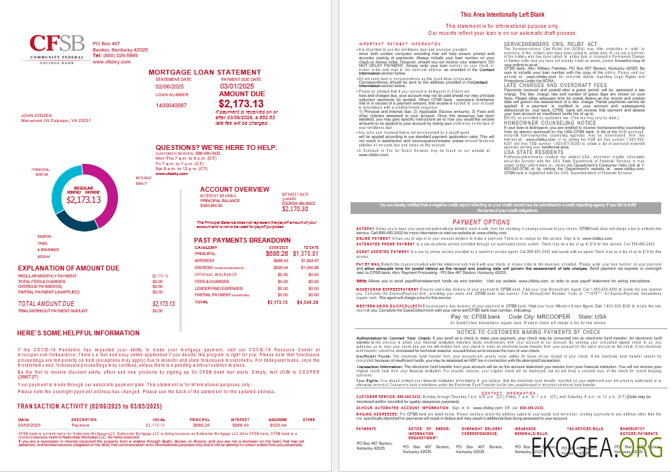Relevé de prêt hypothécaire de la banque CFSB des États , Unis aux formats Word et PDF, 4 pages 1, 2